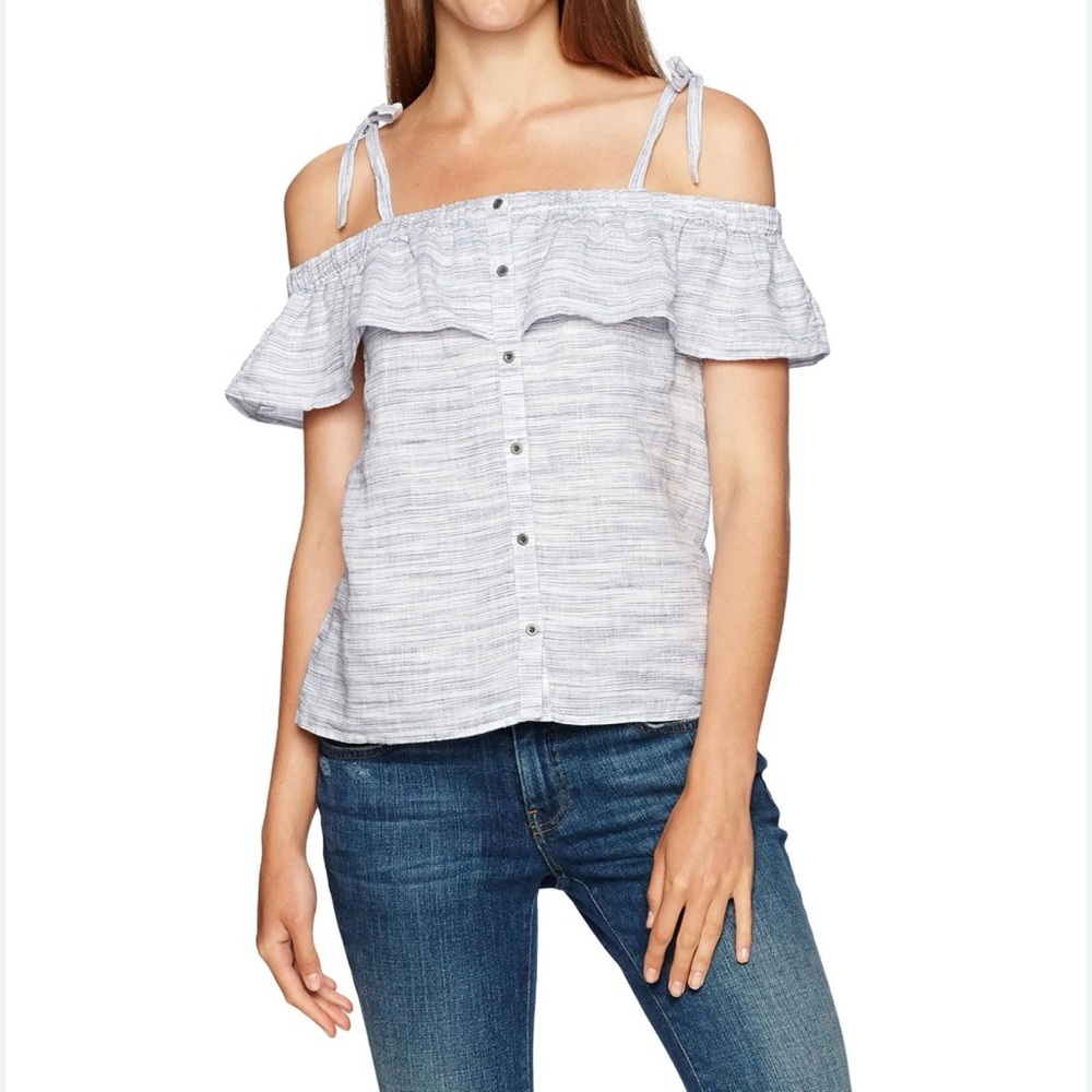 Lucky Brand Linen Off Shoulder Ruffle Tie Strap Top Medium